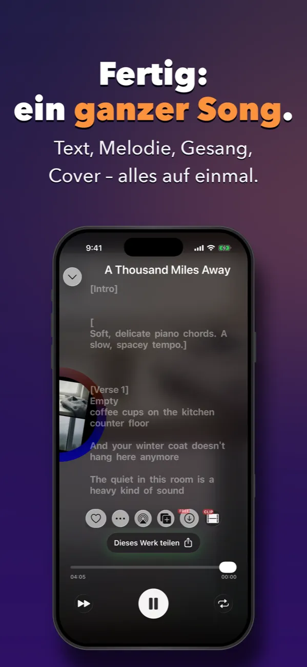 Der USONG-Player mit einem fertigen Song und seinem Text